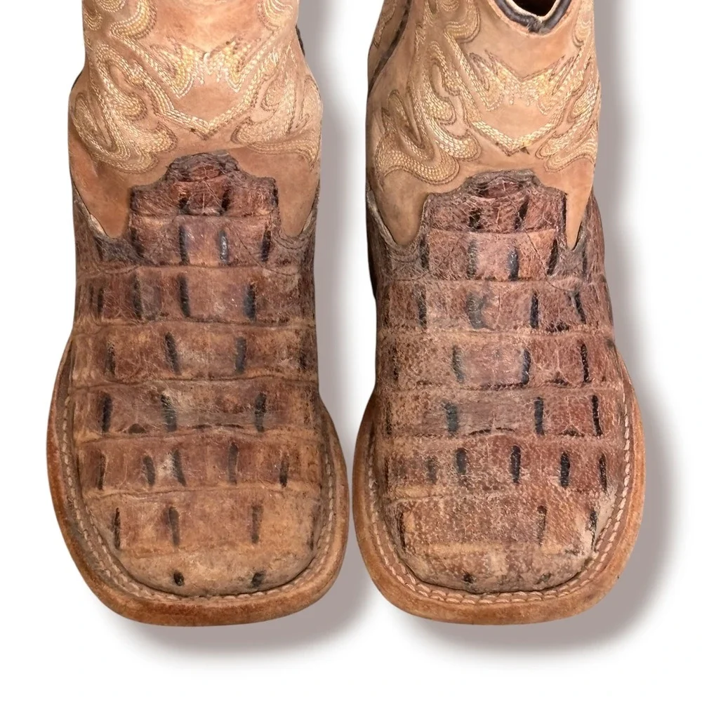 Old West Kids Faux Caiman Western Boots Tan Brown Size 8.5 D Cowboy Ranch